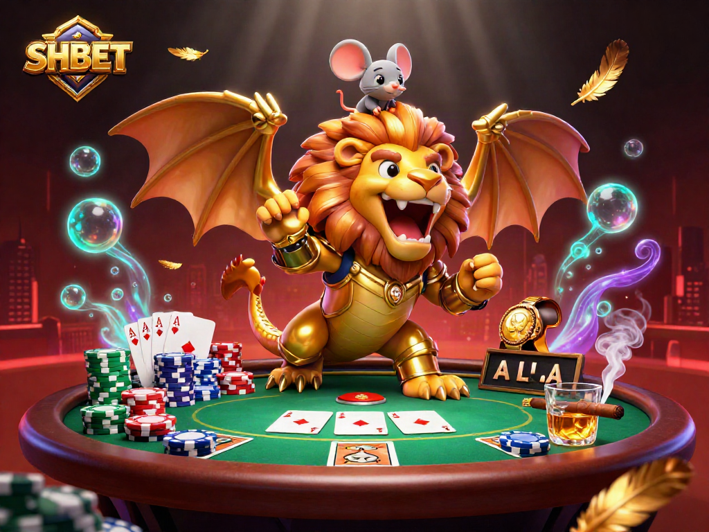 Experience thrilling SHBET action with a golden chimera at a vibrant poker table.