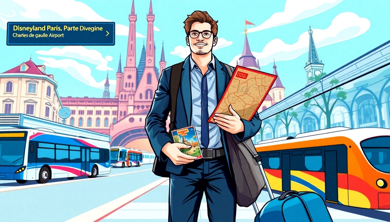 Navigate from disneyland paris to airport with vibrant transportation options and traveler excitement.