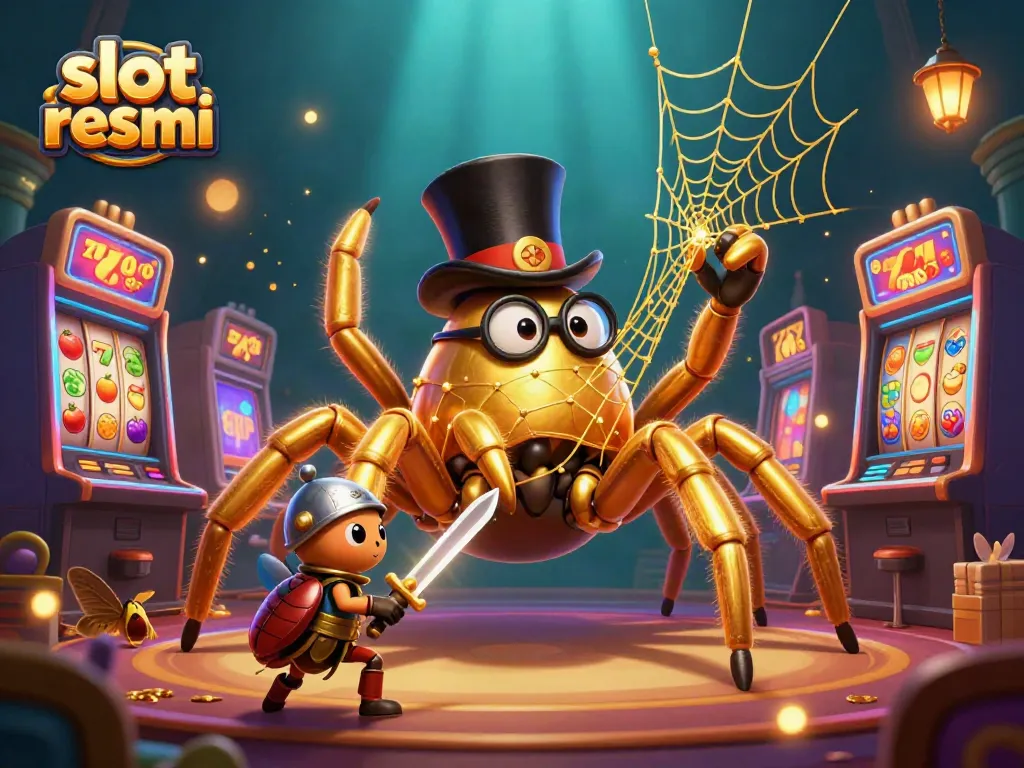 Explore the captivating world of slot resmi with a brave beetle knight and a golden tarantula in a vibrant casino scene.