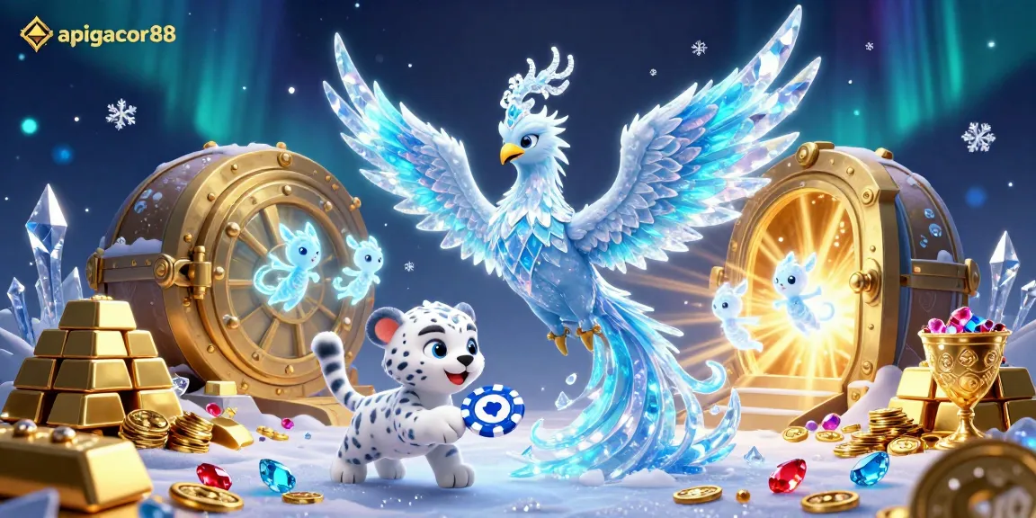 Engage in thrilling gameplay with apigacor88: an ice phoenix, snow leopard, and sparkling treasures around dynamic casino elements.