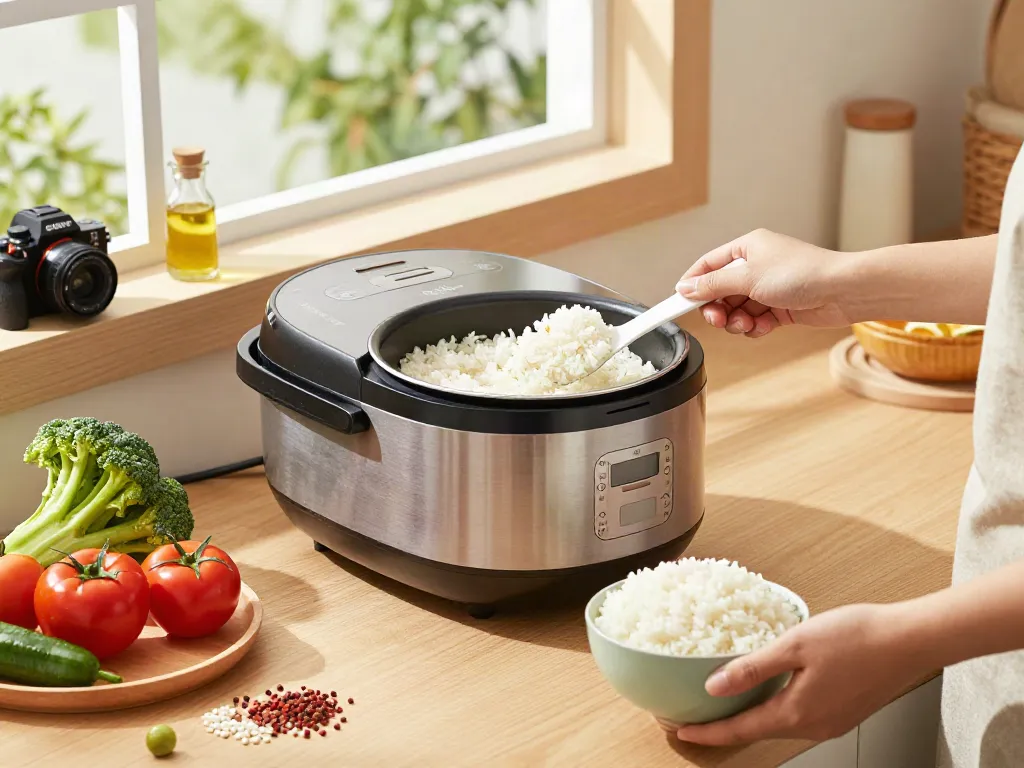 Rice Cooker Price in Bangladesh with vibrant kitchen setting and fresh ingredients in use.