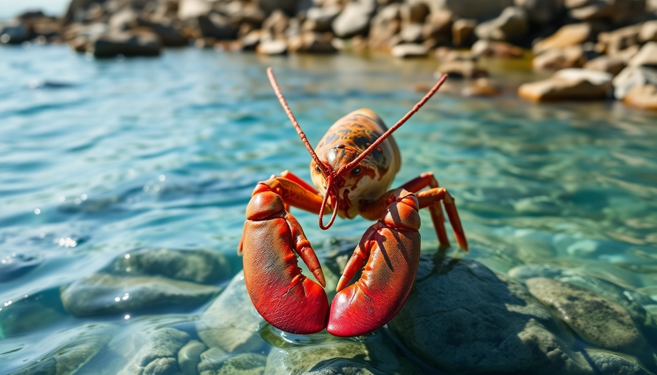 Showcasing a Live Norwegian lobster supplier with fresh lobsters against a scenic coastal background.