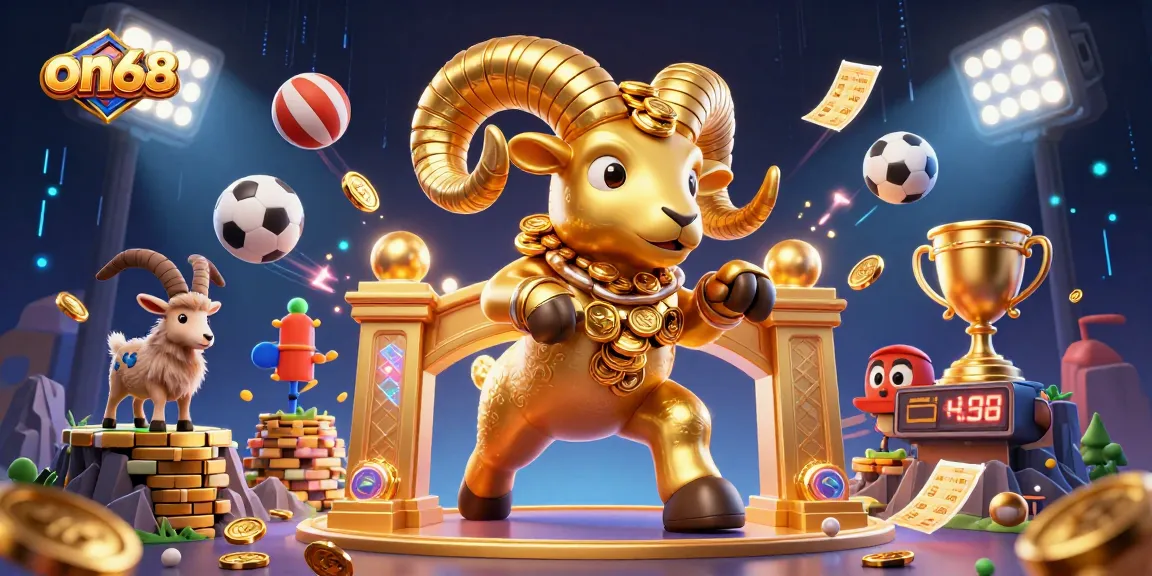 Experience thrilling sports betting action with on68 featuring a vibrant 3D golden ram, dynamic sports elements, and glowing casino visuals.