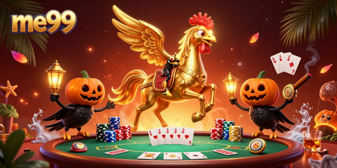 Join the action at me99 with vibrant 3D illustration of casino gaming excitement featuring poker and colorful chips.