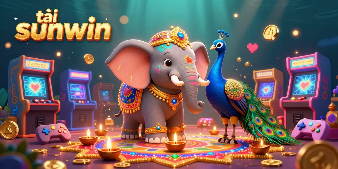 Engage with tải sunwin in a vibrant 3D casino scene featuring a colorful elephant and gaming elements.