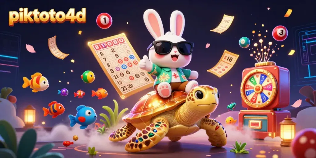 Piktoto4d charmingly showcases a lucky rabbit and golden turtle amidst dynamic lottery elements.