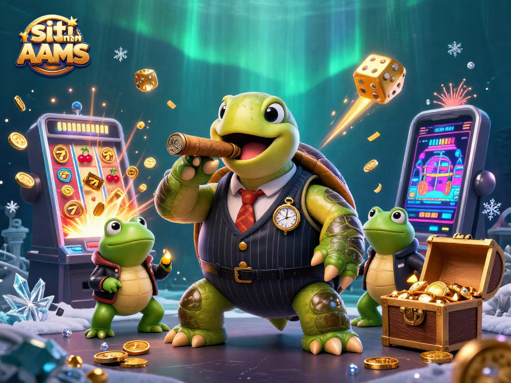 Giocando nei siti non AAMS con una tartaruga boss e rane, circondati da slot machine e tesori d'oro.