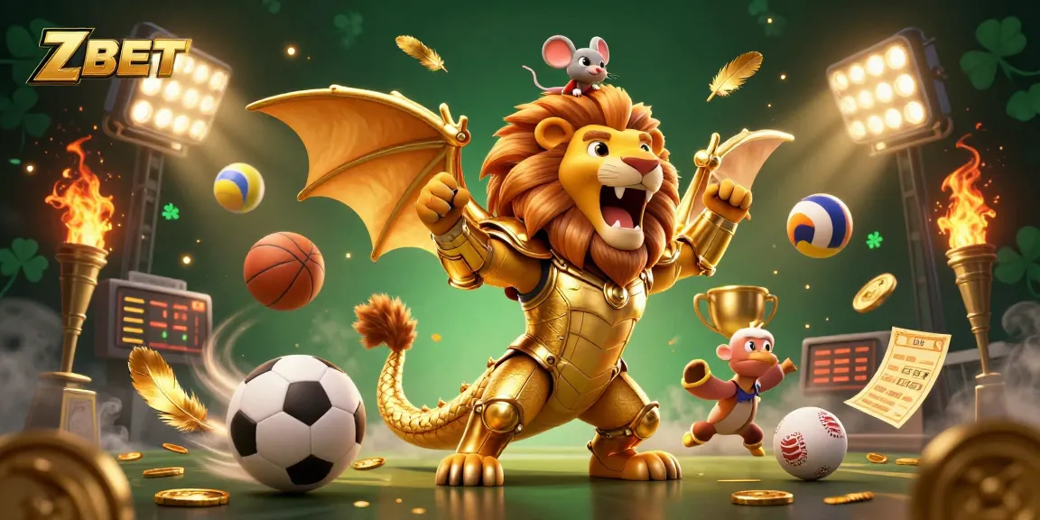 ZBET showcases a lively sports betting scene with a golden chimera creature and dynamic sports elements.