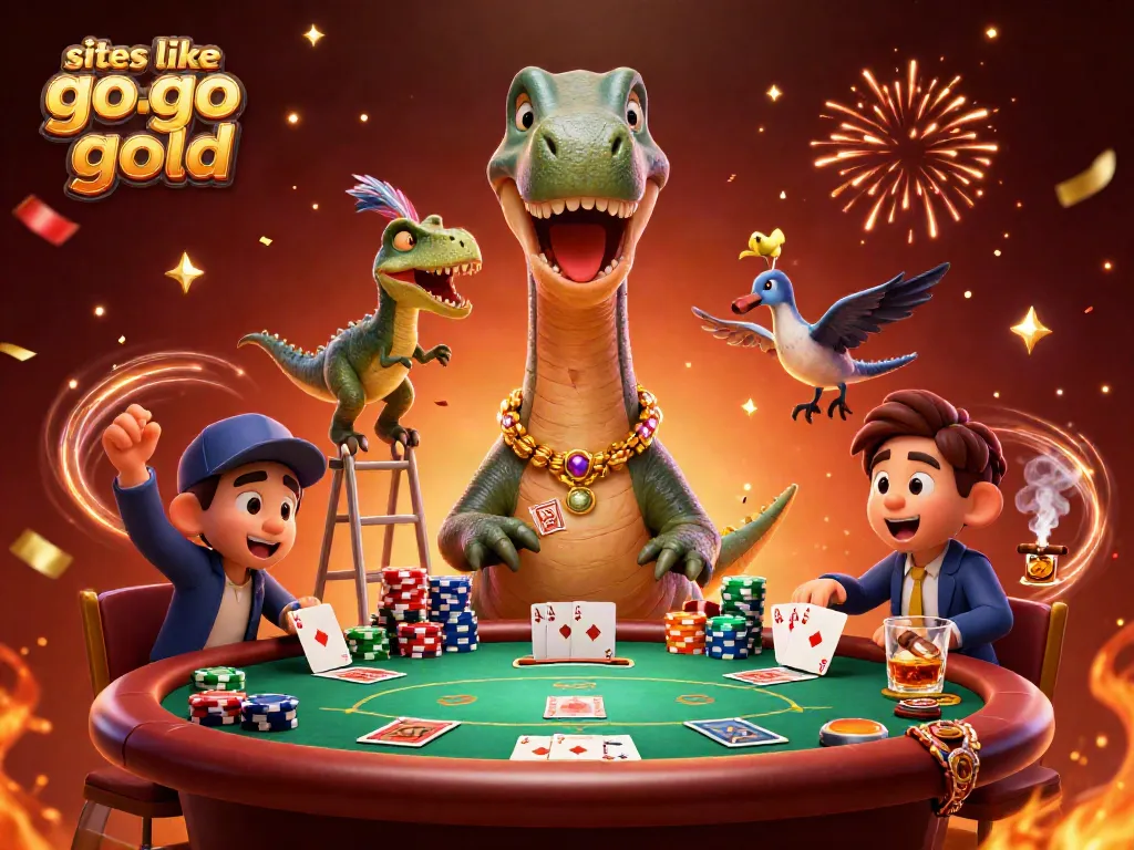 Play exciting games like Go Go Gold with a playful dinosaur and raptor card dealer.