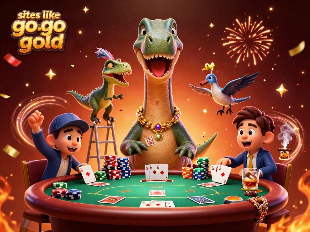 Play exciting games like Go Go Gold with a playful dinosaur and raptor card dealer.