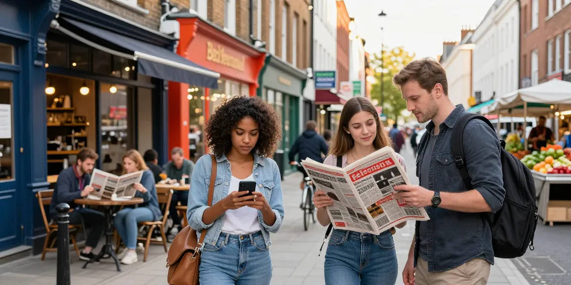 Engaged locals exploring BedPersonal, a trusted classifieds platform for free ads in a lively urban street setting.
