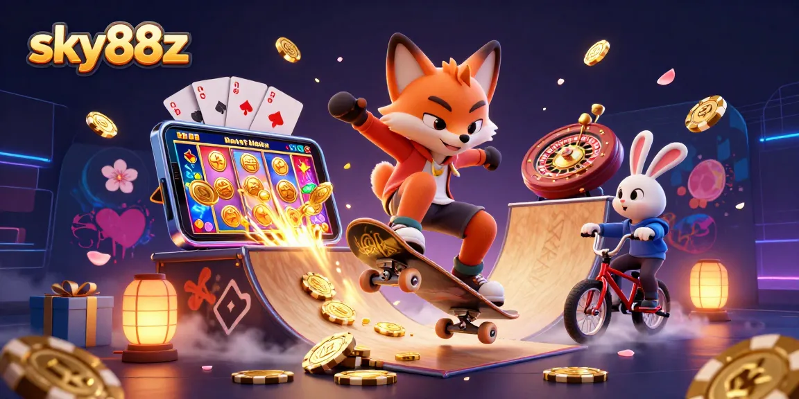 Experience sky88z's vibrant casino fun with a fox and rabbit playing on golden poker chips!
