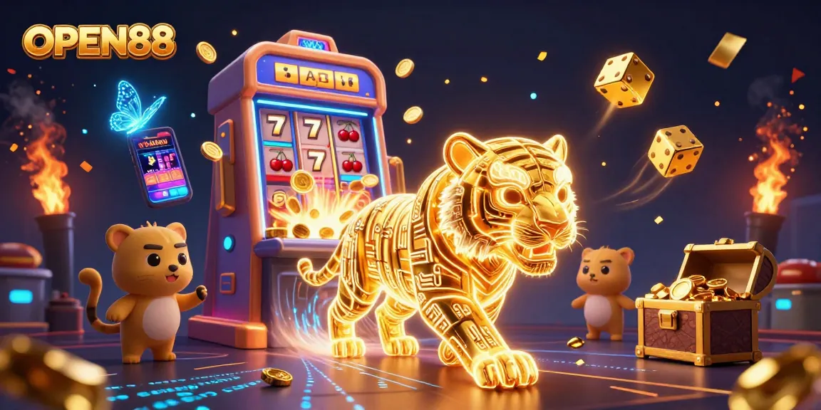 Engage with OPEN88 online casino, featuring a golden tiger and immersive slot machine jackpot.