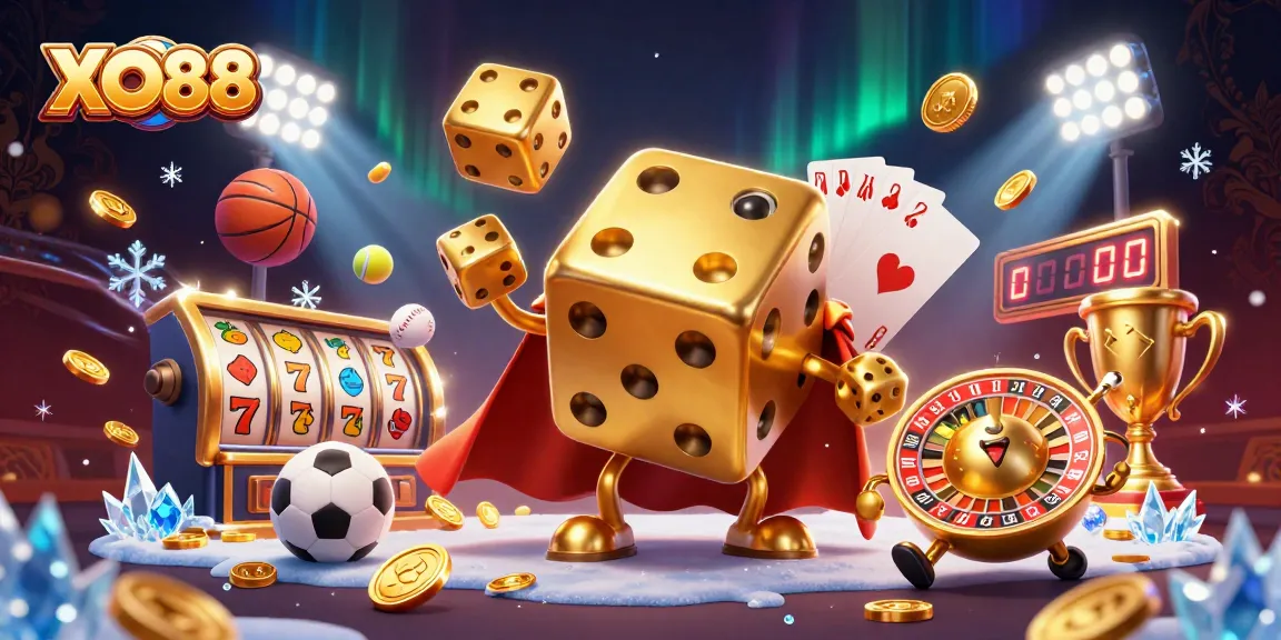 XO88 showcases a vibrant 3D gambling scene with golden dice and dynamic sports elements.