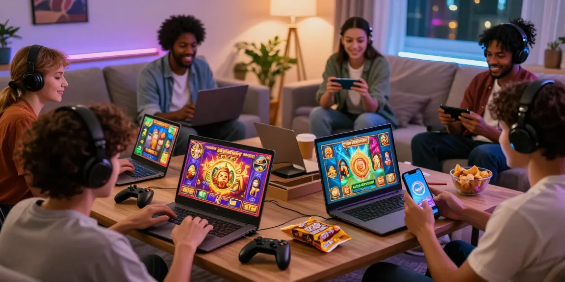 Players enjoying various slot resmi games on their devices in a lively gaming environment.