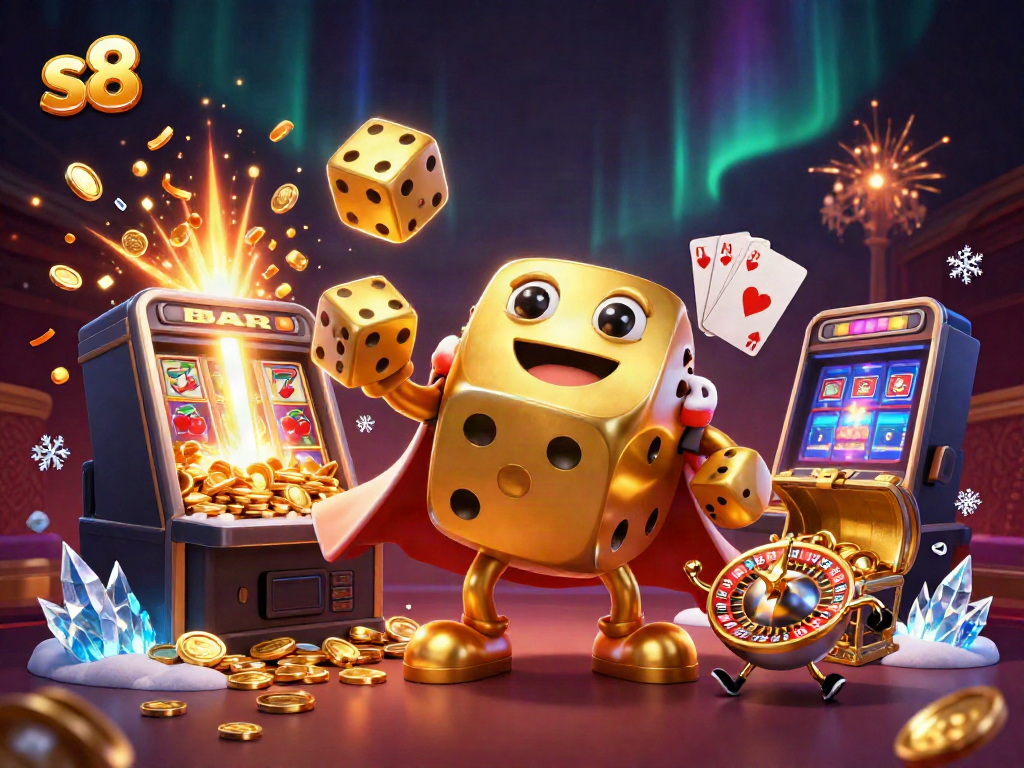 Experience excitement with s8 as golden dice juggle in a vibrant casino world.