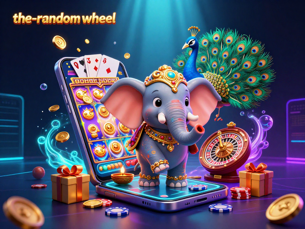 Spin the-random-wheel with vibrant 3D casino elements, featuring an elephant and peacock in a lively gaming atmosphere.