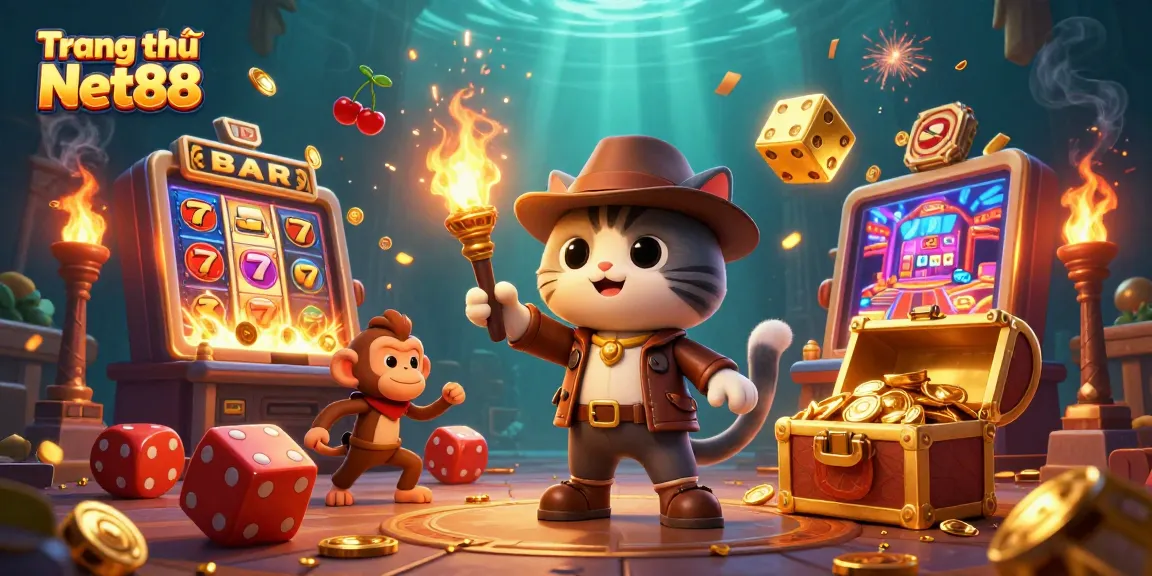 Experience thrilling jackpots at Trang chủ Net88 with a vibrant 3D scene of a cat archaeologist finding treasures.