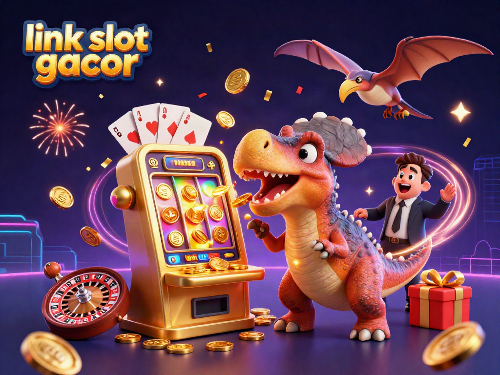 Slot gacor link menghibur dengan dinosaurus 3D dan mesin slot emas di kasino.
