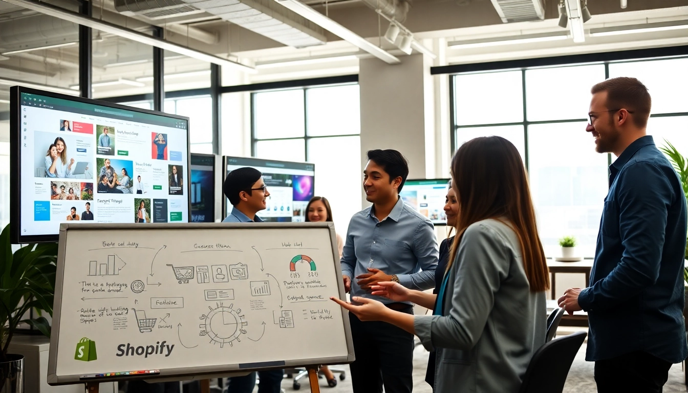 Team brainstorming in a premium Shopify agency setting, showcasing creativity and collaboration.