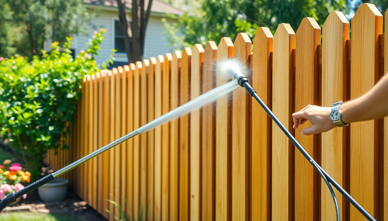 Fence Cleaning by a professional technician, showcasing a clean wooden fence in a beautiful garden.