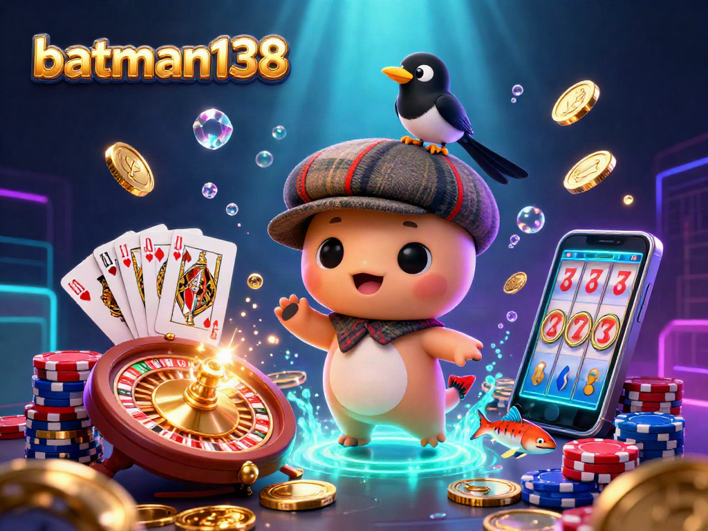 Engage with batman138's vibrant casino world, featuring playful characters amidst golden coins and sparkling treasures.