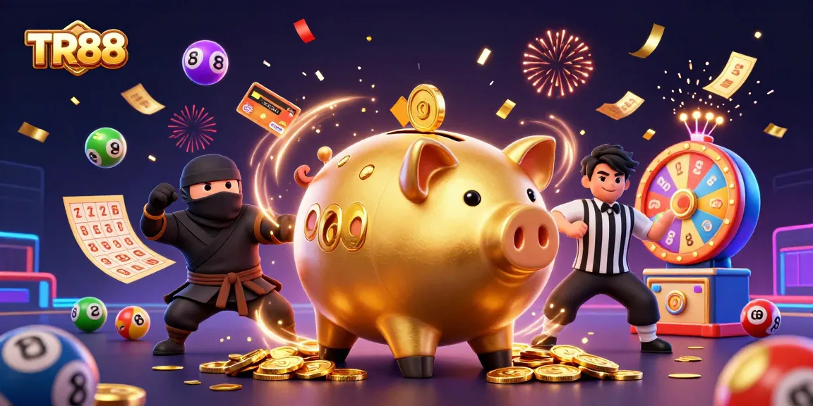 TR88 features a vibrant gaming scene with casino characters celebrating winnings and lots of colorful elements.