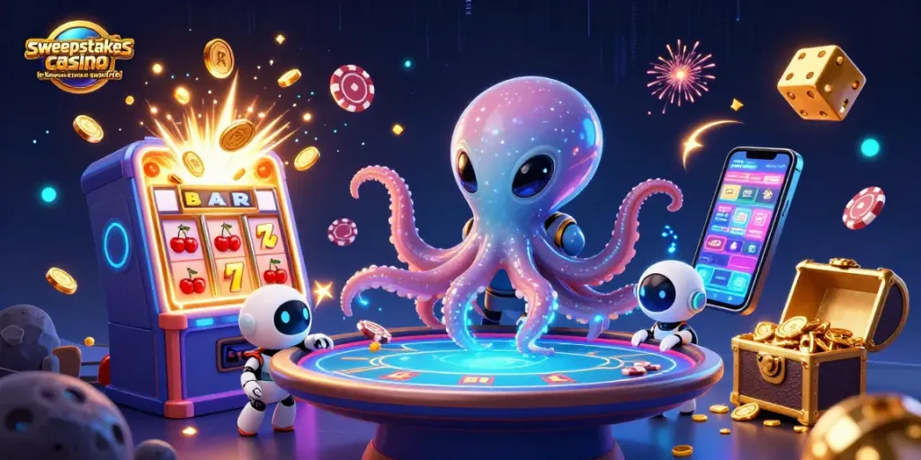 Sweepstakes casino no deposit bonus Spinfinite highlights a cartoon alien octopus at a poker table amidst vibrant casino elements.
