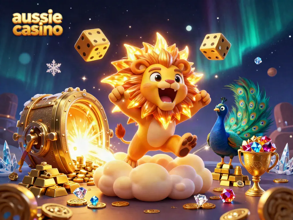 Dynamic scene of the aussie casino sun lion triumphantly roaring amidst golden treasures and cosmic elements.