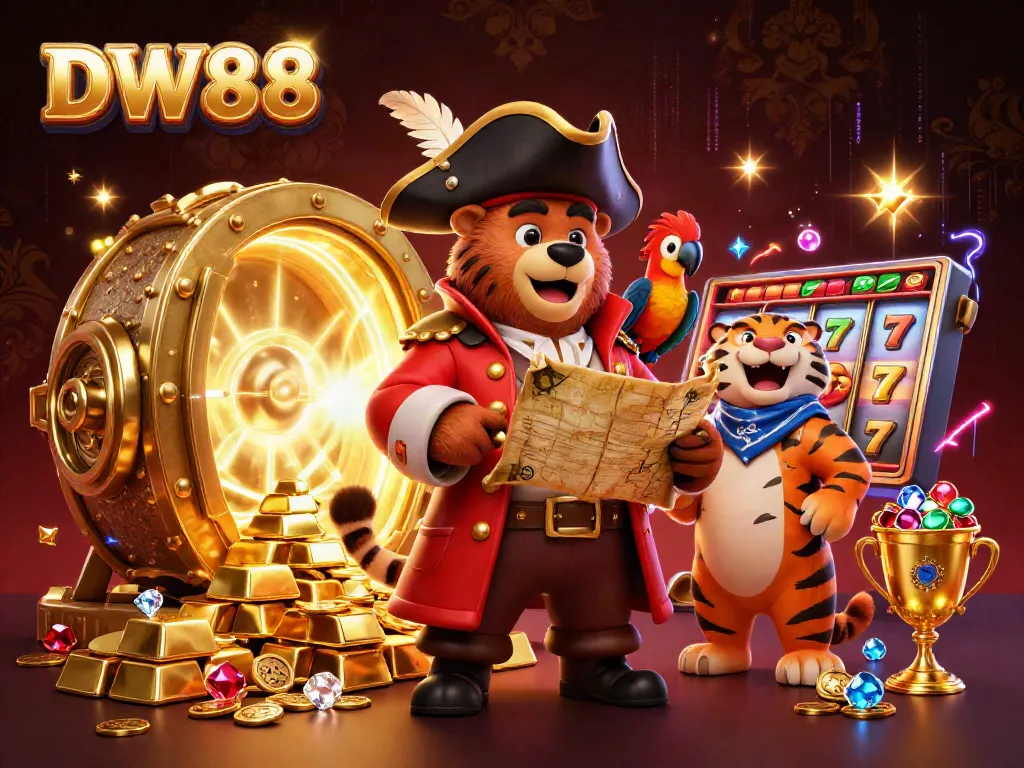 Experience gaming excitement with DW88 featuring a cartoon pirate captain and tiger amidst treasures and casino elements.
