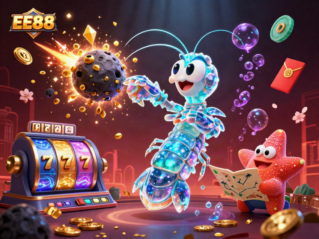 Experience the thrill of EE88 with a fiery 3D scene featuring a galactic samurai mantis shrimp and casino elements.