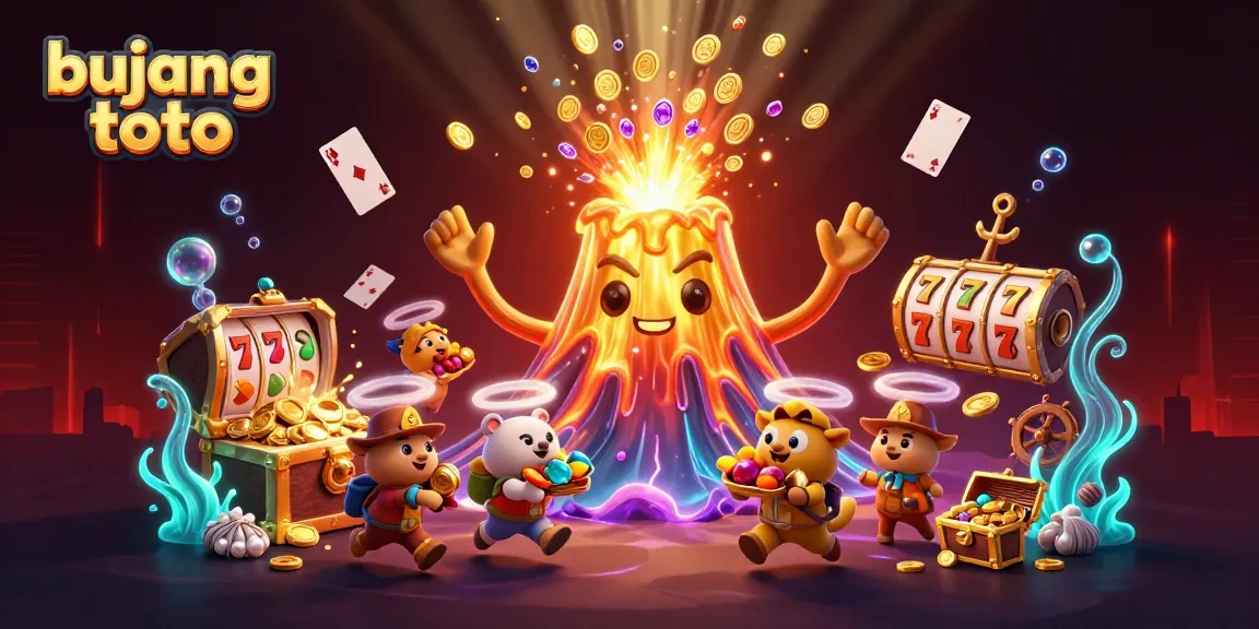 Experience the excitement of bujang toto with treasure bursting from a golden volcano in this vibrant casino-themed illustration.