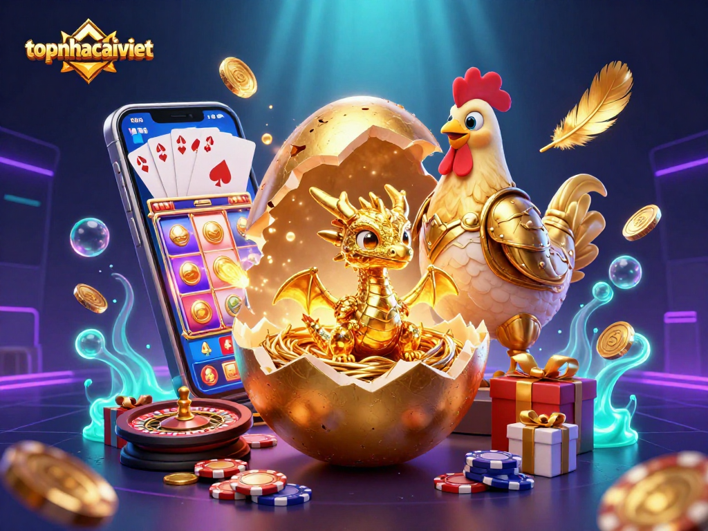Experience winning spins with topnhacaiviet through vibrant 3D casino visuals of golden treasures and slot games.