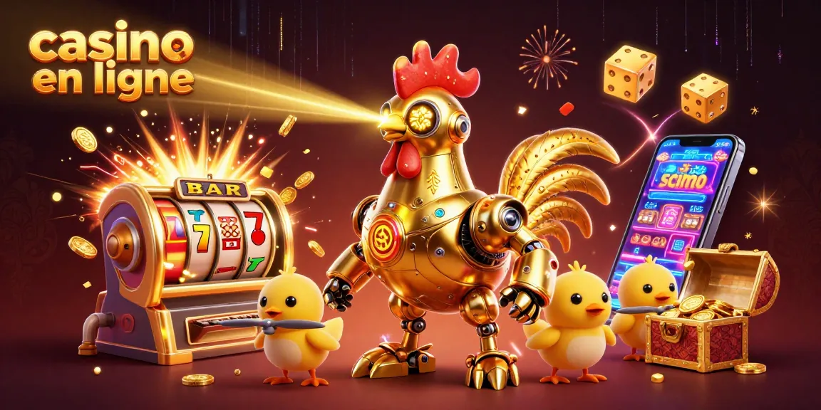 Visualisez un robot doré et des drones de poussins dans l'univers des casinos en ligne.