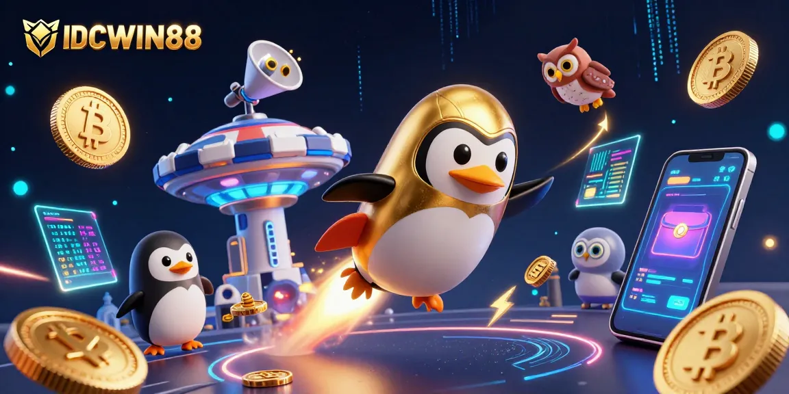 Experience thrilling gameplay with IDCWIN88 as the golden penguin flies to a casino space station packed with crypto elements.