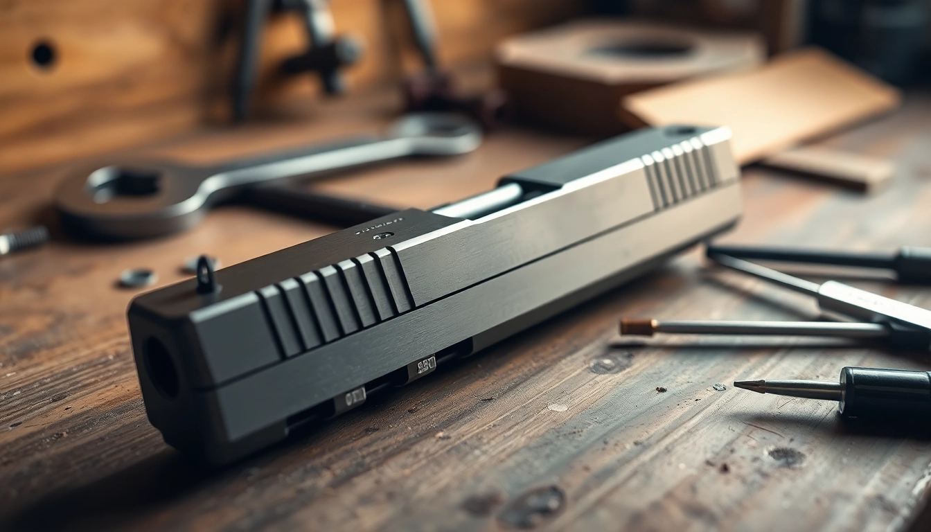 Showcase of Glock 26 Gen 5 slide with polished finish and tools emphasizing craftsmanship.