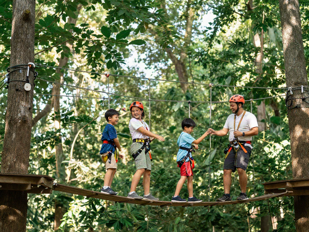 Family crossing a rope bridge in a green forest, enjoying nature together.