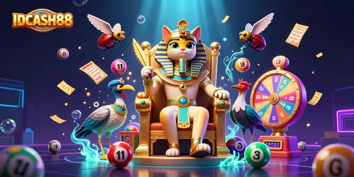 Experience IDCASH88's vibrant gaming scene with Egyptian motifs and lottery elements in a dynamic illustration.