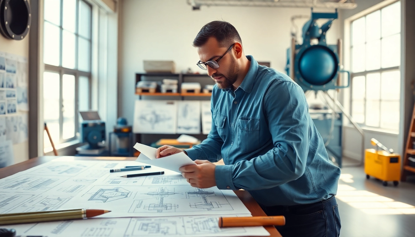 Engineer reviewing blueprints for CRN Registration in a well-lit office setting.