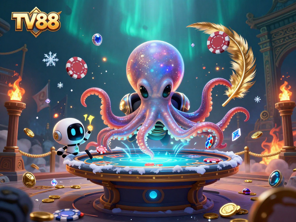 Engage in thrilling gameplay at TV88 with an alien octopus and poker elements set in an underwater casino atmosphere.