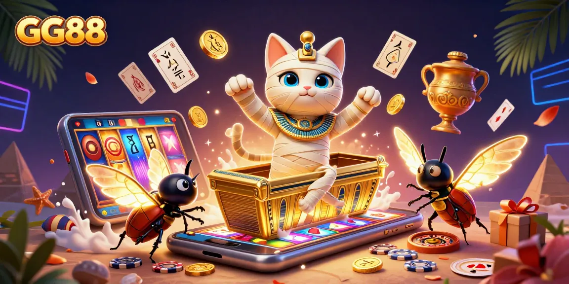 Experience thrilling gameplay at GG88 with a vibrant mummy cat in a lively pyramid casino scene.