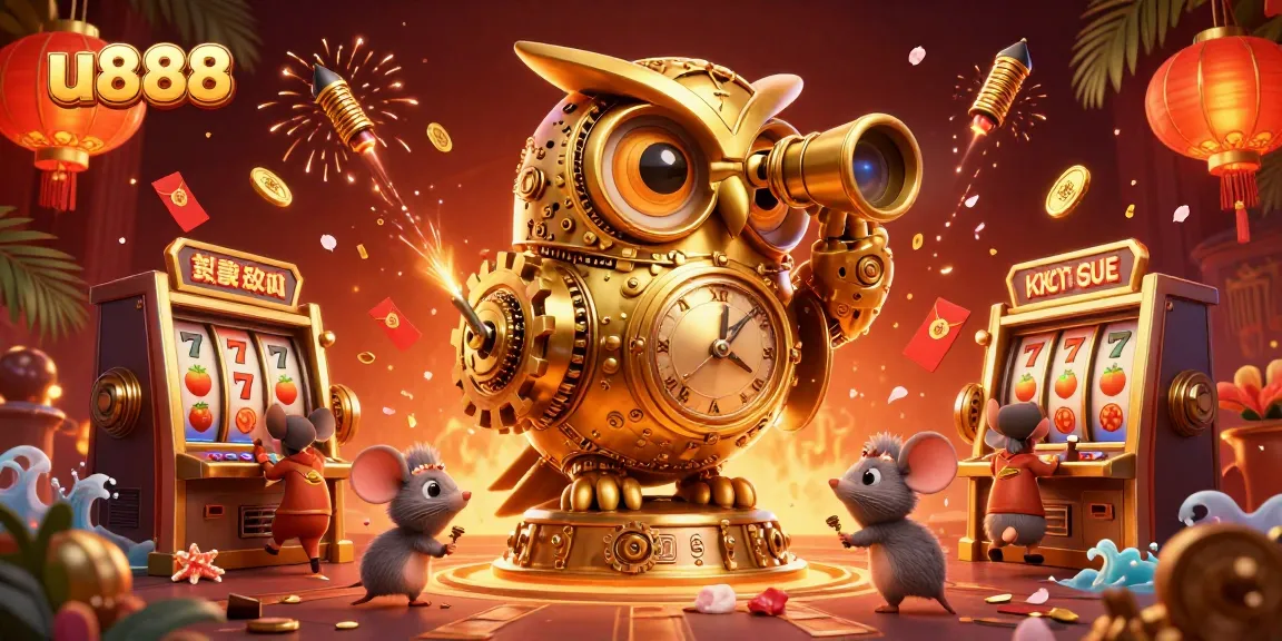 Experience u888 action with a clockwork owl, vibrant slots, and dynamic casino elements.