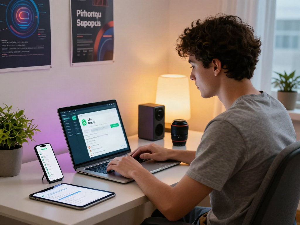 Experience gb whatsapp apk on a modern laptop in a cozy tech workspace.