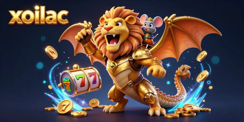 Xoilac casino scene featuring a chimera creature and lucky symbols, showcasing winning potential.