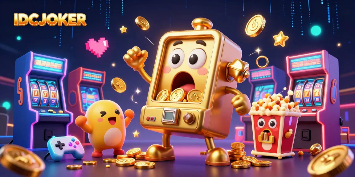 IDCJOKER's golden slot machine celebrates a jackpot amid vibrant game elements in an engaging casino illustration.