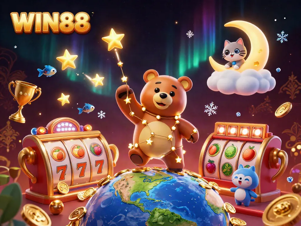 Engage in thrilling WIN88 casino experiences with a cosmic bear, lucky symbols, and vibrant slots.
