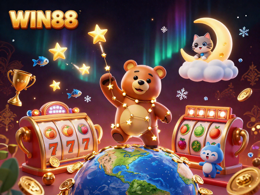 Engage in thrilling WIN88 casino experiences with a cosmic bear, lucky symbols, and vibrant slots.