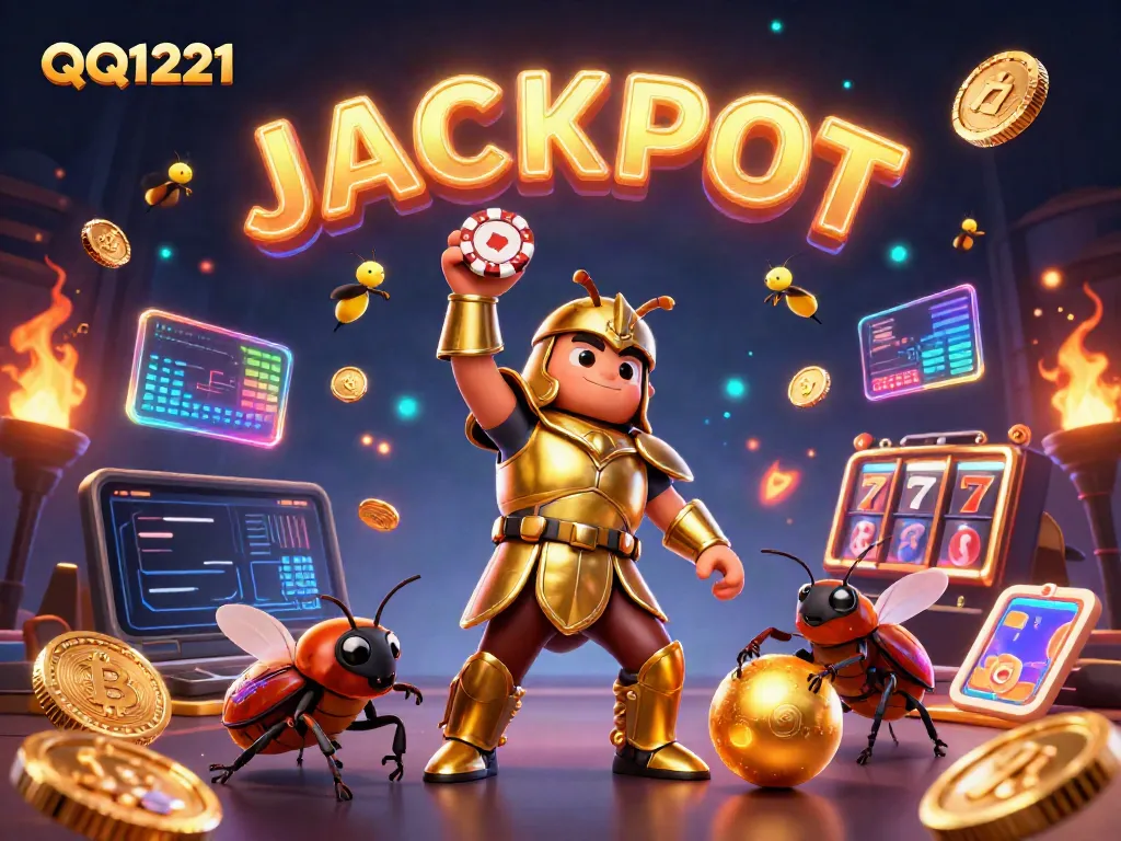 Engage with QQ1221 as a victorious beetle lifts a poker chip amidst vibrant casino elements.