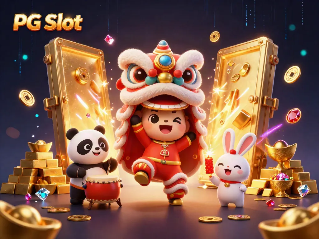 Experience the thrill of PG Slot with vibrant 3D elements like lion dance costumes and golden coins.