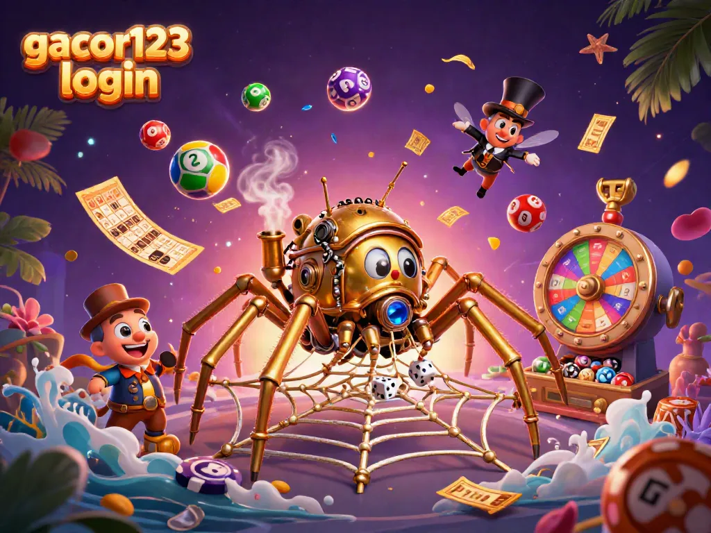 Engage with the gacor123 login scene showcasing a whimsical spider and a gentleman in a vibrant casino atmosphere.